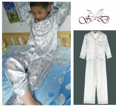 Silkepyjamas azureblå luftballon print til børn 100% silke