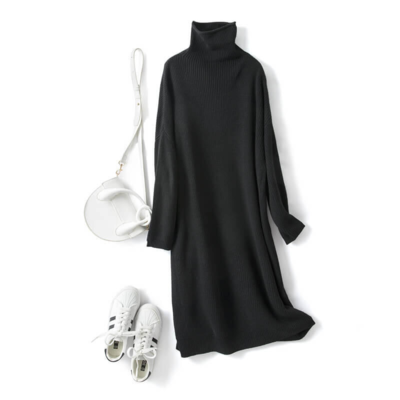 Silke Cashmere Strikkjole med rullekrave onesize sort