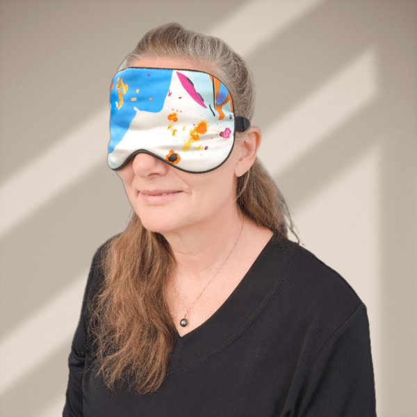 Silke SoveMaske -100% SilkeStof -100% SilkeFyld! Kunst blaa, roede, gule farver