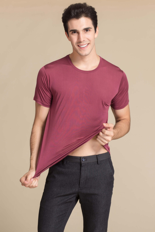 Silke t-shirt, 100% mulberry silke, unisex, vinrød
