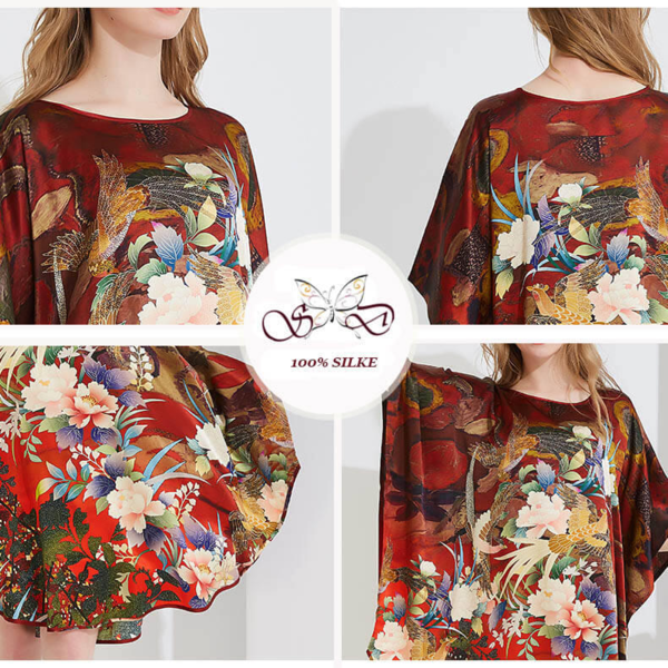 Silke Batwing Natkjole 100% silke 19momme, phoenix Bourgogne med masser af flotte blomster