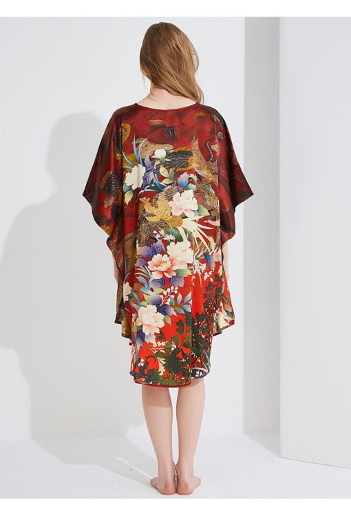 Silke Batwing Natkjole 100% silke 19momme, phoenix Bourgogne med masser af flotte blomster