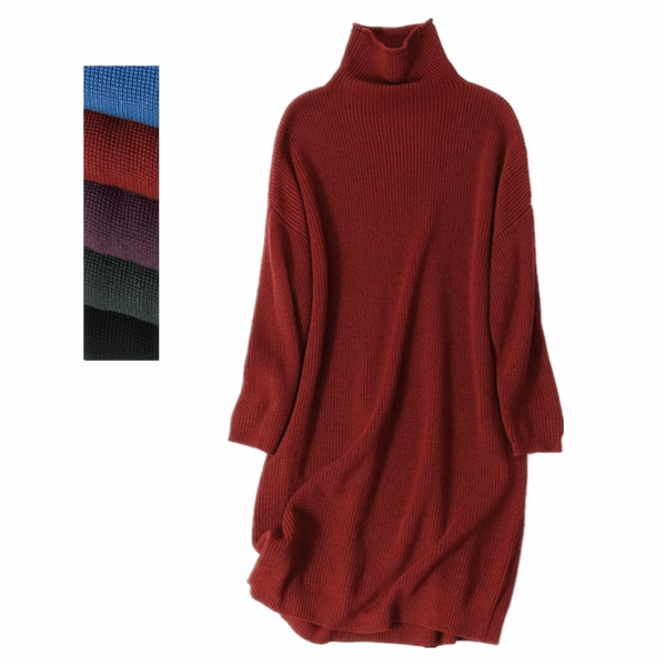 Silke Cashmere Strikkjole med rullekrave onesize vinroed